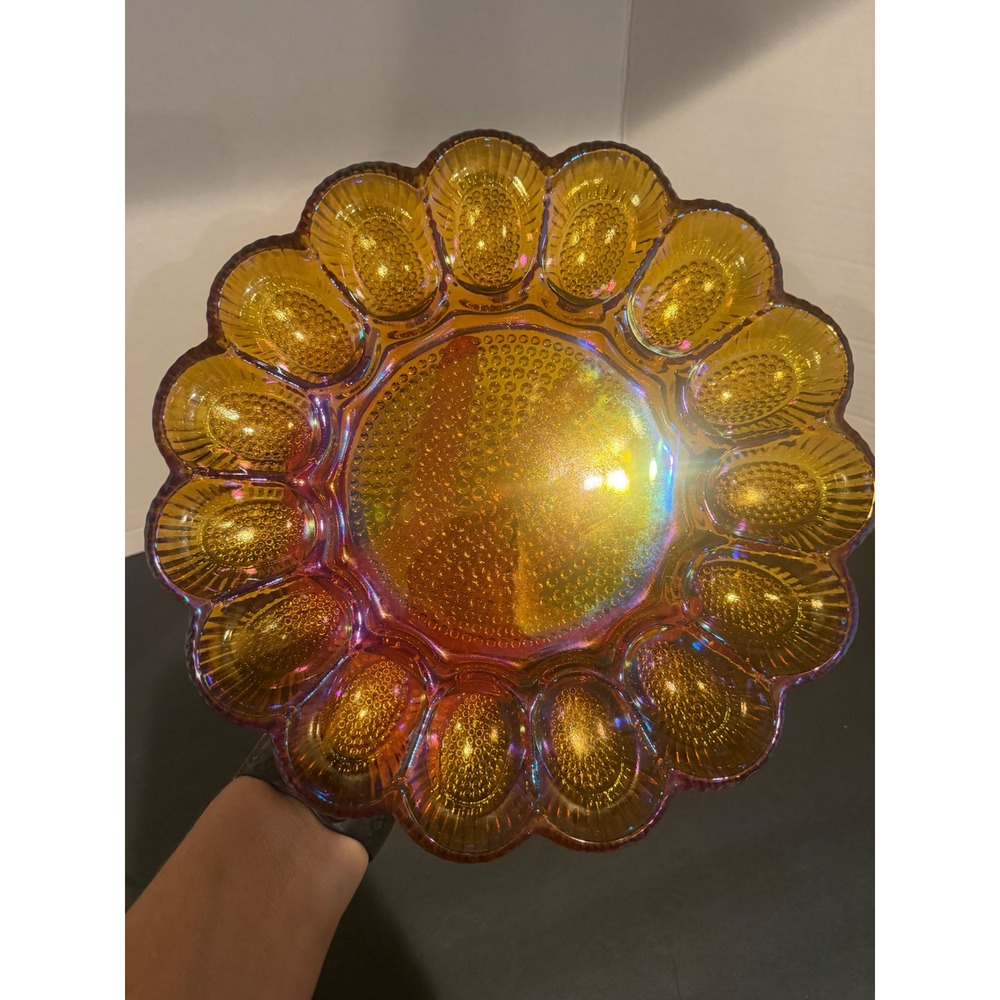 VTG  Indiana Glass Iridescent Marigold Carnival Glass Deviled Egg Platter 11"
